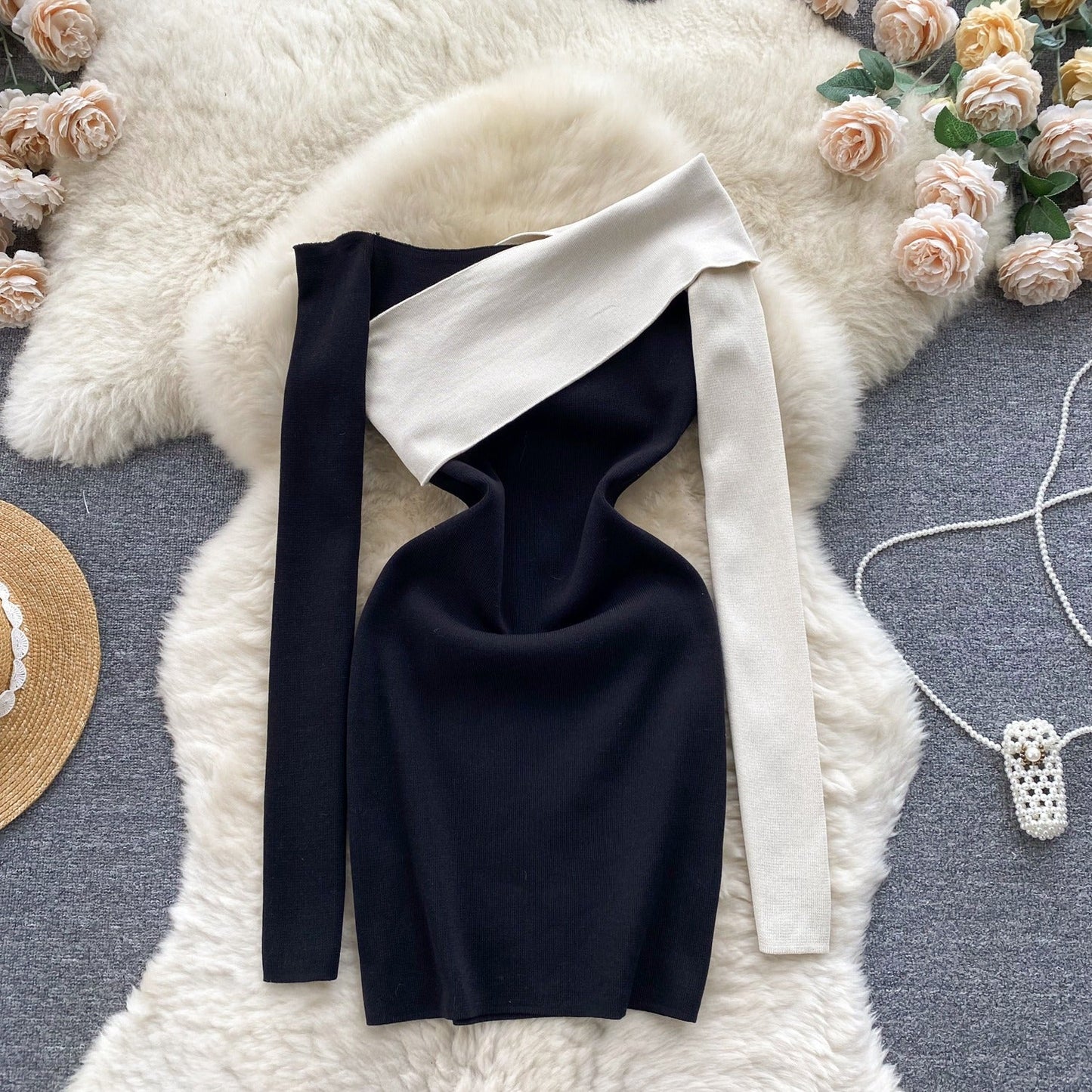 Vanessa One Shoulder Contract Knit Dress