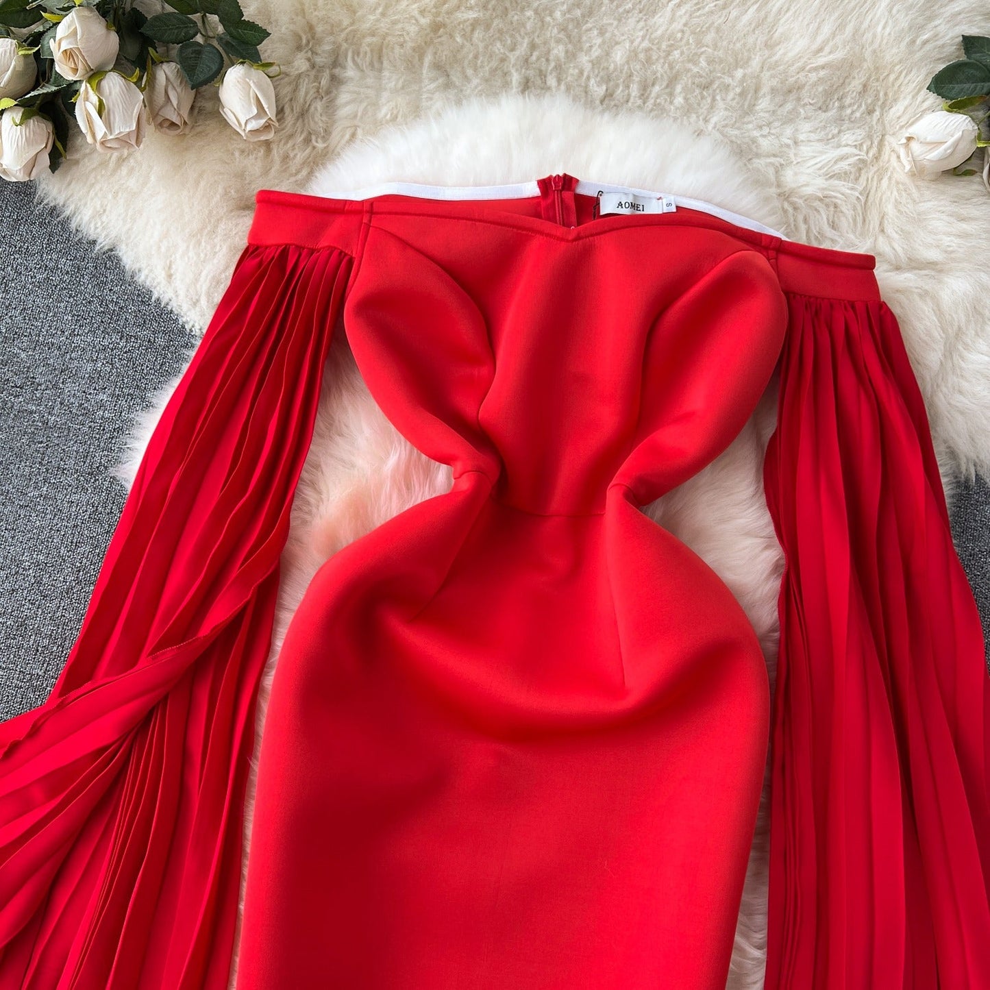 Rosalee Off-Shoulder Pleated Sleeve Dress