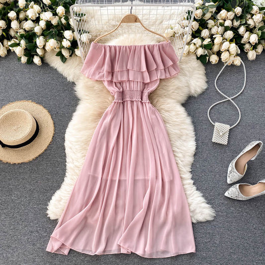 Rose Off-Shoulder Shirred Waist Dress
