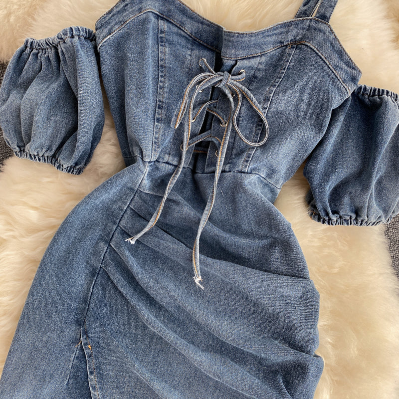 River Off-Shoulder Corset Denim Dress