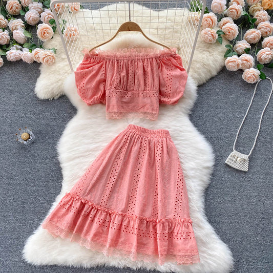 Summer Puff Sleeve Eyelet Two Piece Set