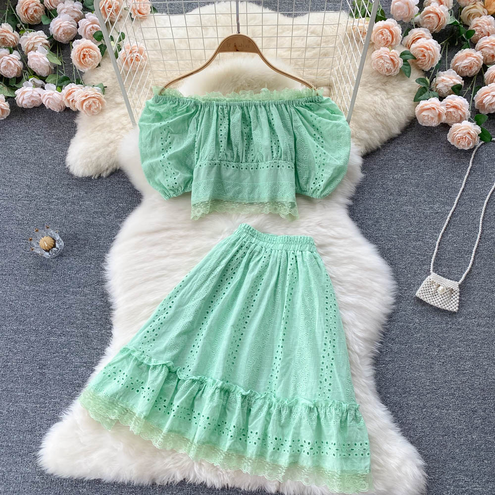 Summer Puff Sleeve Eyelet Two Piece Set