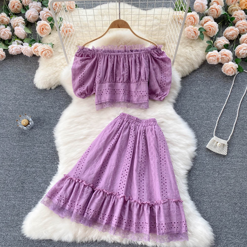 Summer Puff Sleeve Eyelet Two Piece Set