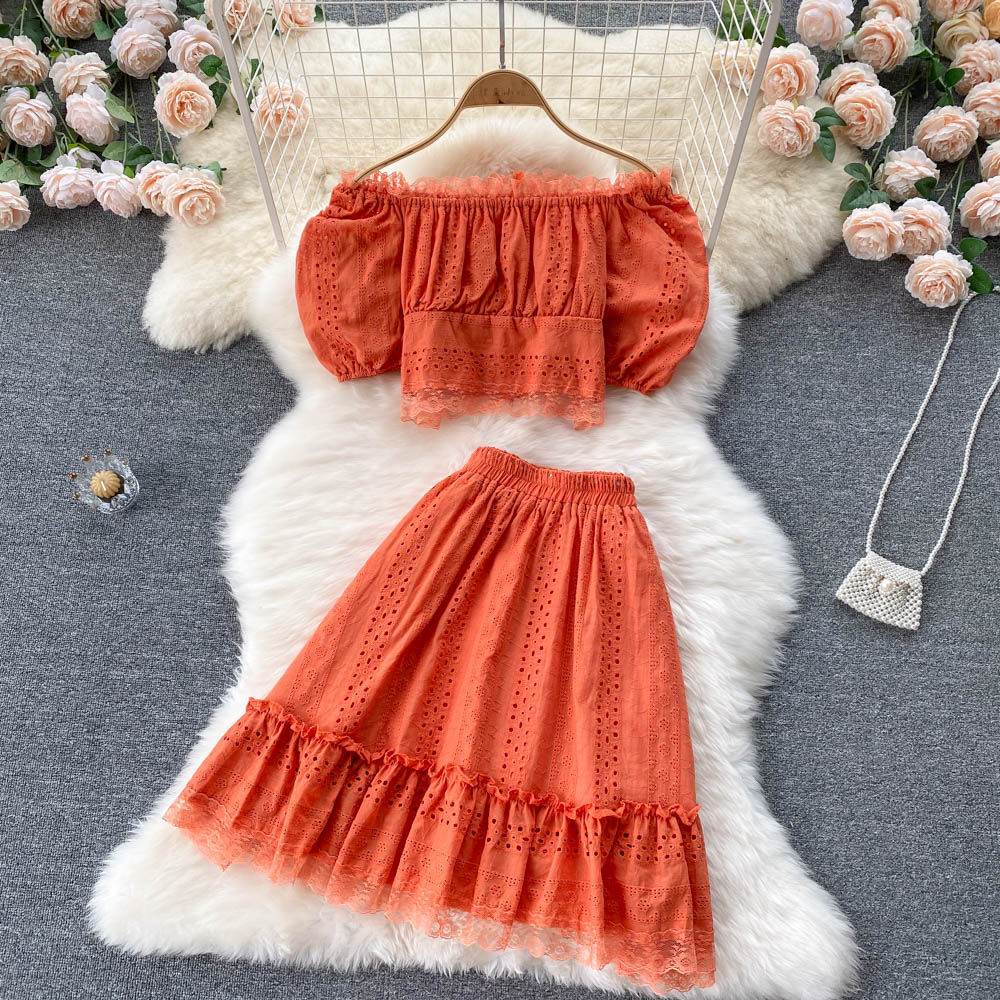 Summer Puff Sleeve Eyelet Two Piece Set