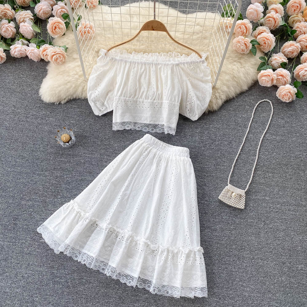 Summer Puff Sleeve Eyelet Two Piece Set