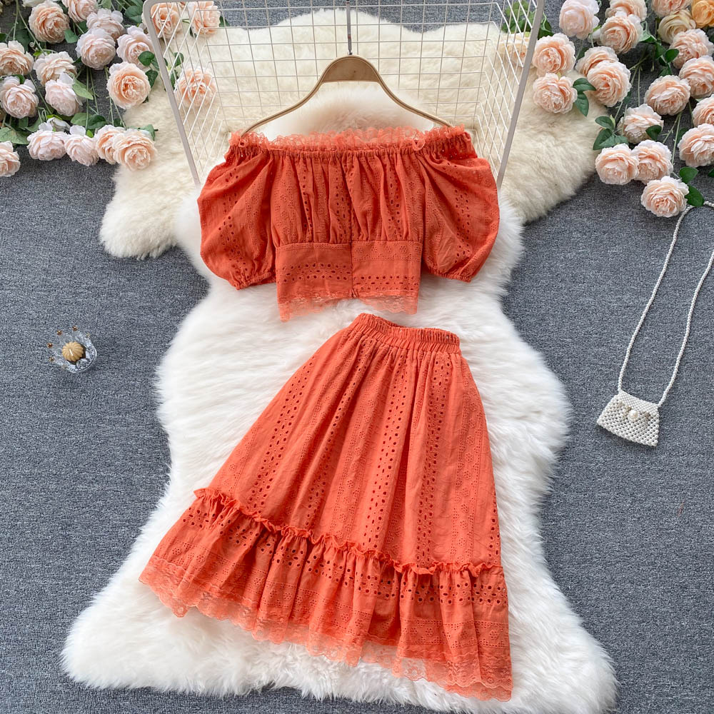 Summer Puff Sleeve Eyelet Two Piece Set