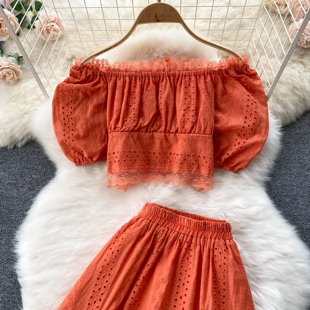 Summer Puff Sleeve Eyelet Two Piece Set