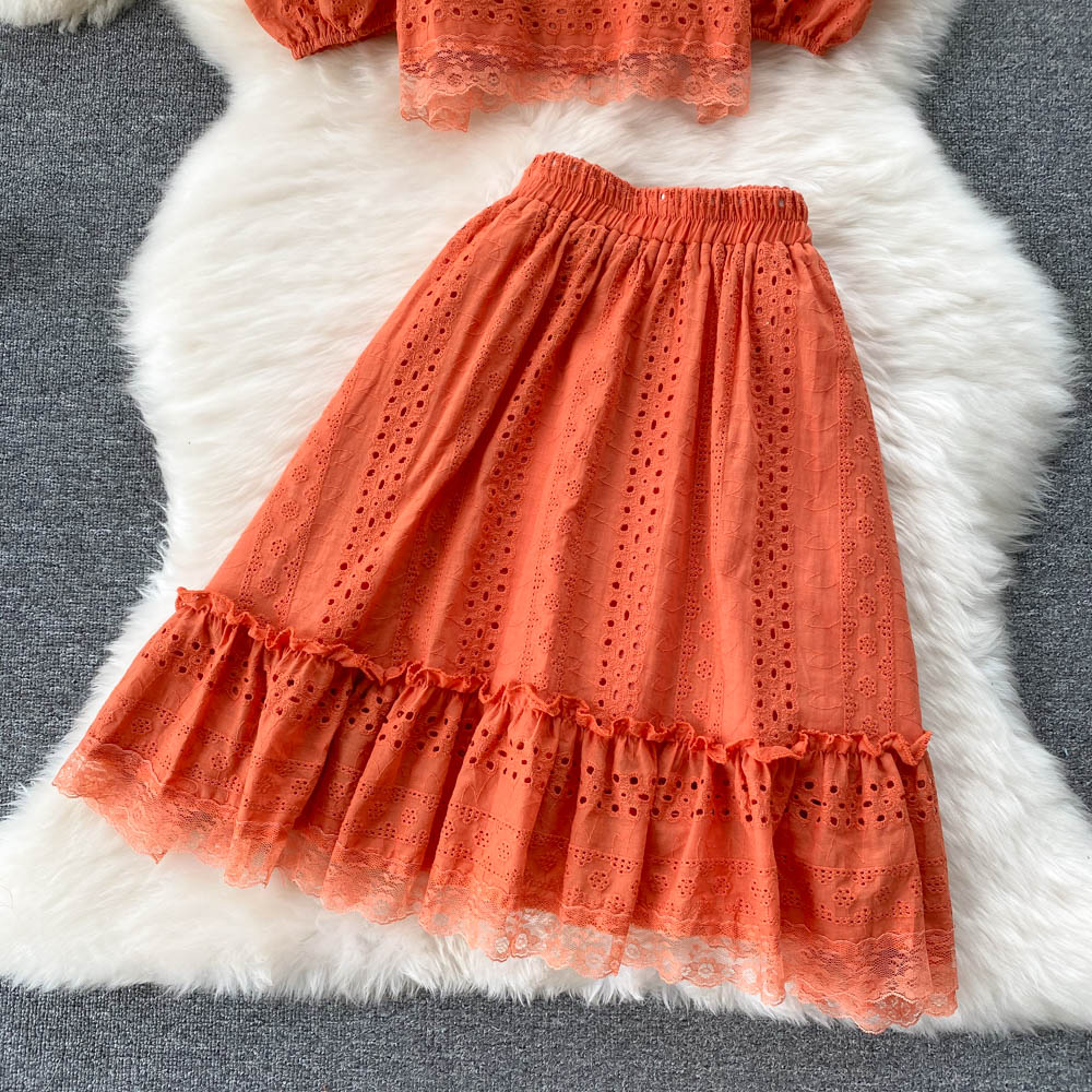 Summer Puff Sleeve Eyelet Two Piece Set