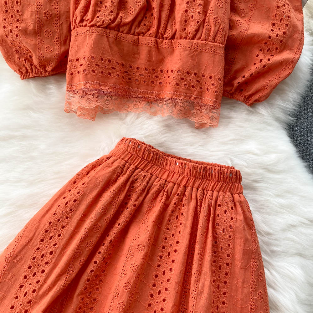Summer Puff Sleeve Eyelet Two Piece Set
