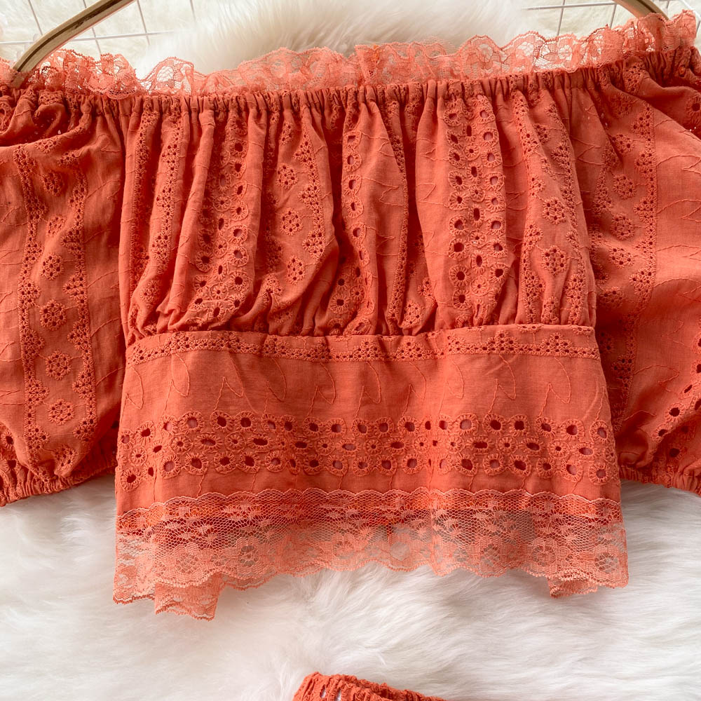 Summer Puff Sleeve Eyelet Two Piece Set