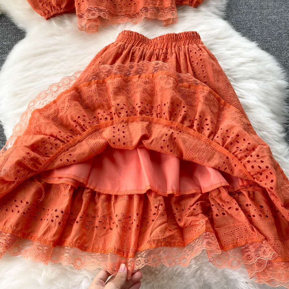 Summer Puff Sleeve Eyelet Two Piece Set