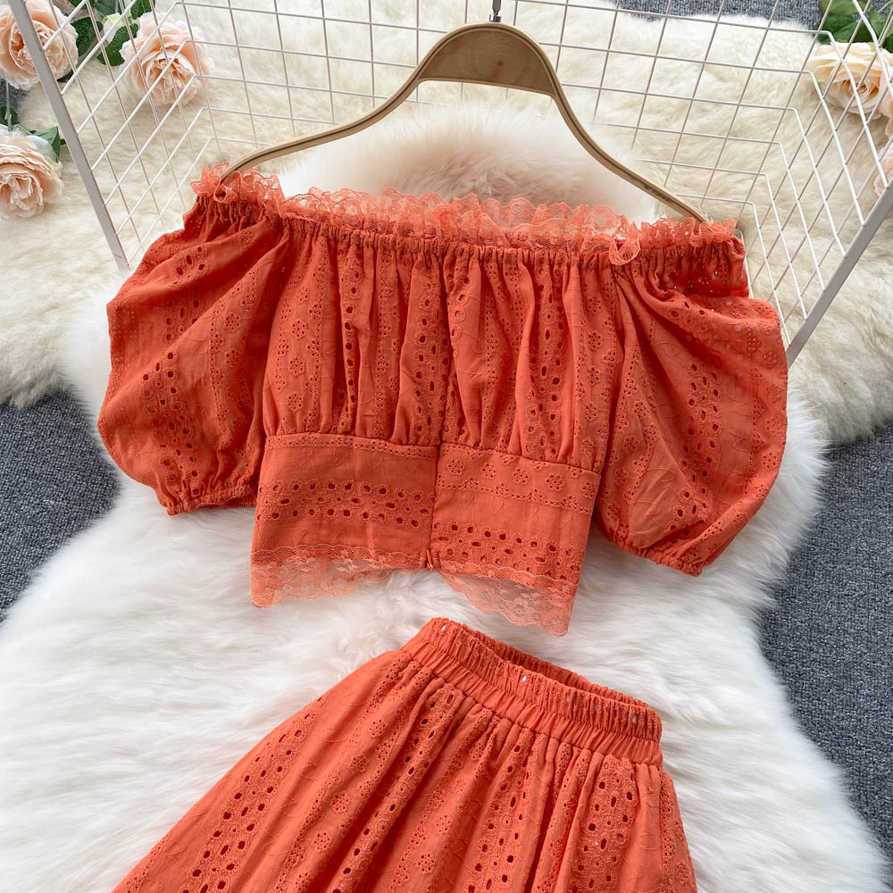 Summer Puff Sleeve Eyelet Two Piece Set