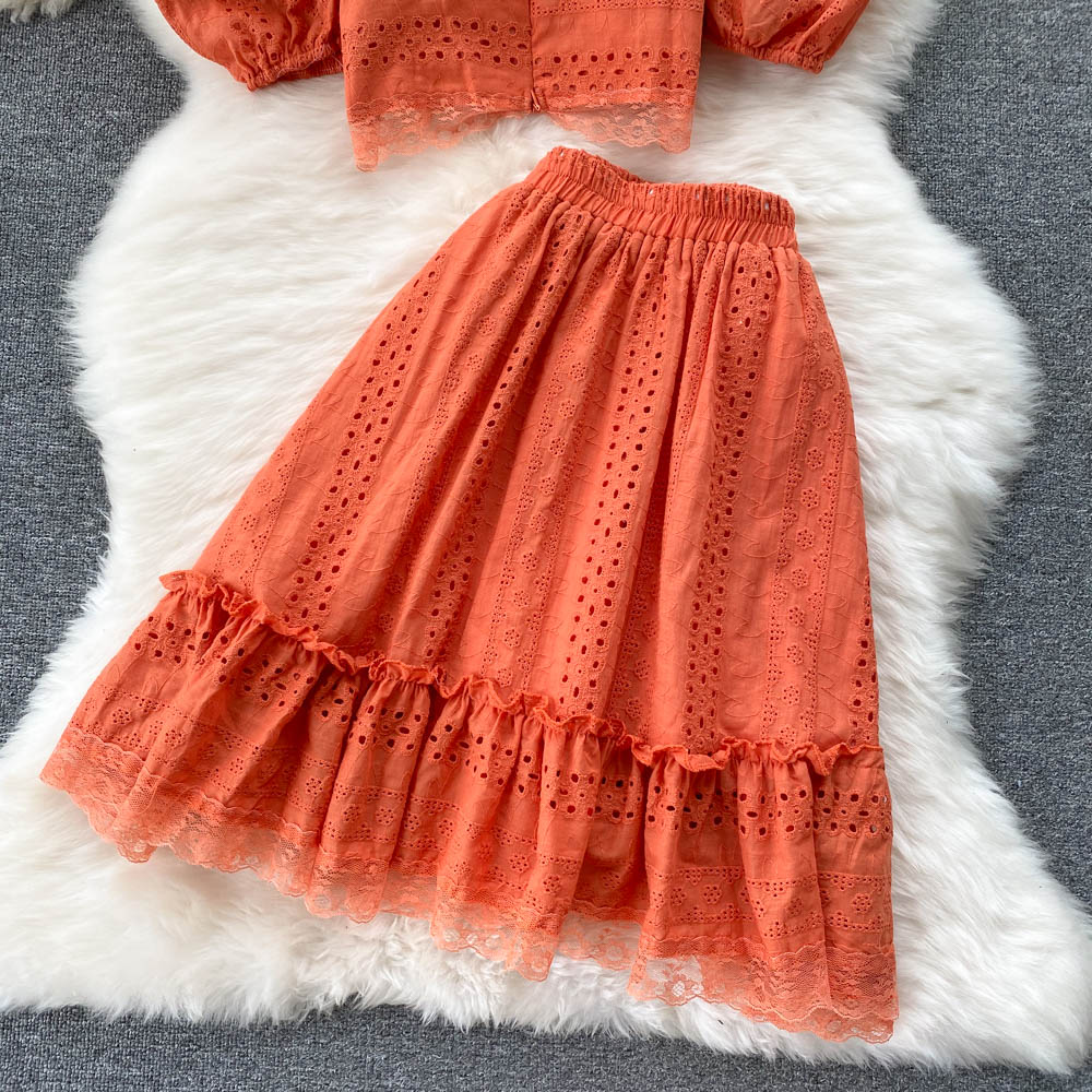 Summer Puff Sleeve Eyelet Two Piece Set