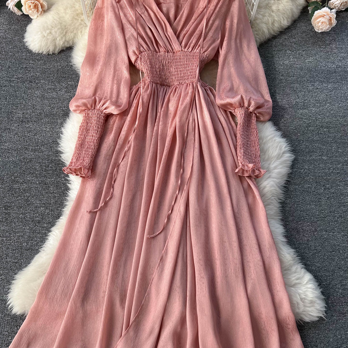 Lyra V Neck Shirred Waist Dress