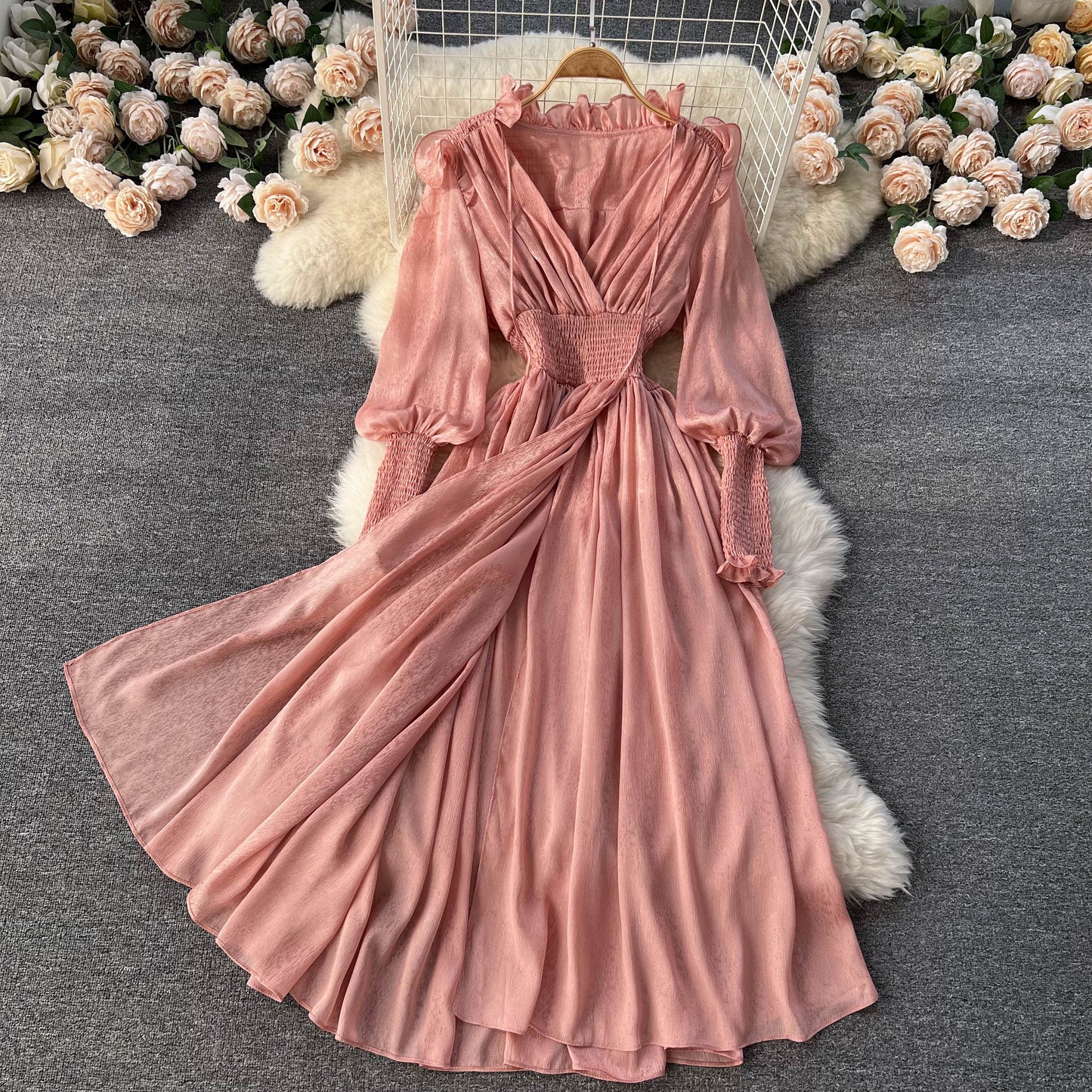 Lyra V Neck Shirred Waist Dress