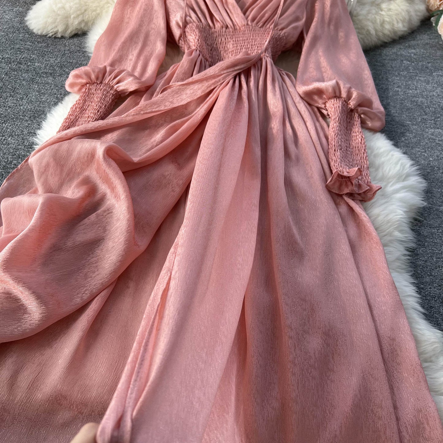 Lyra V Neck Shirred Waist Dress