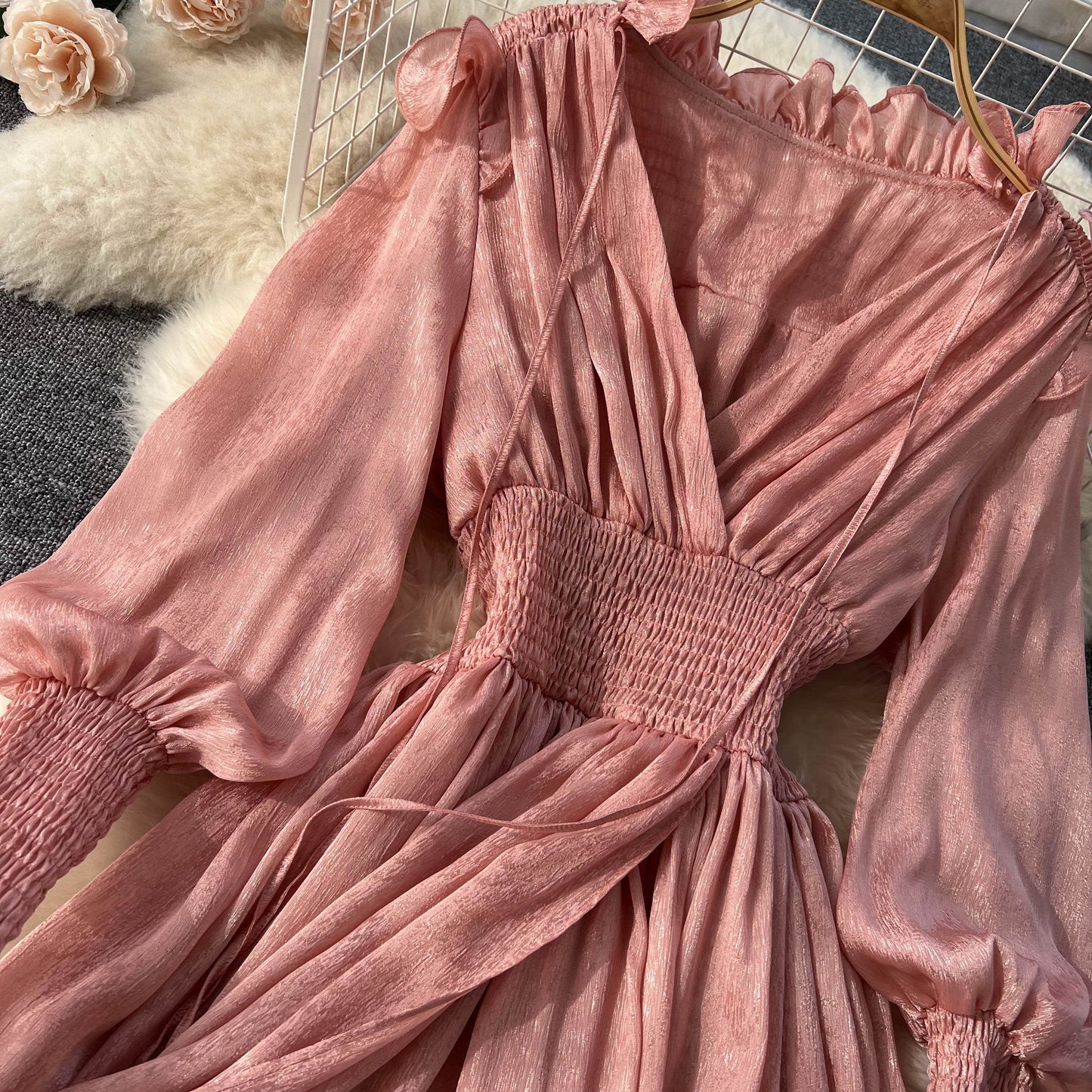Lyra V Neck Shirred Waist Dress