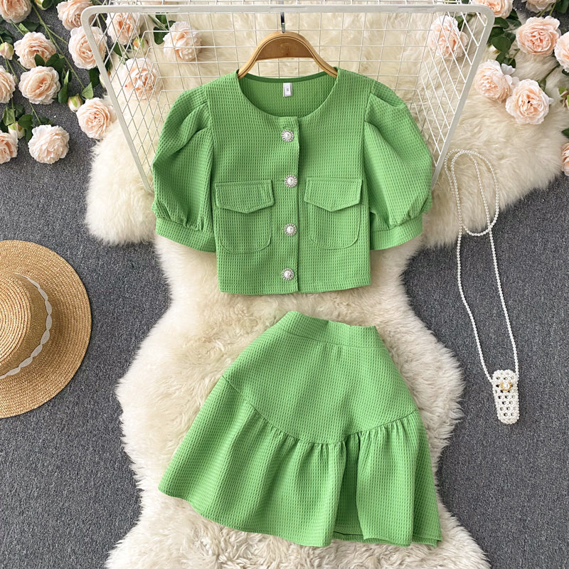 Apple Puff Sleeve Two Piece Set
