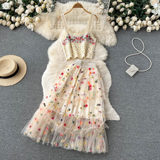 Roanne Knit & Embroidered Mesh Two Piece Set