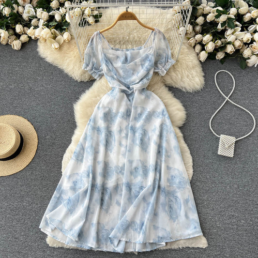 Aubree Puff Sleeve Shirred Open Back Dress