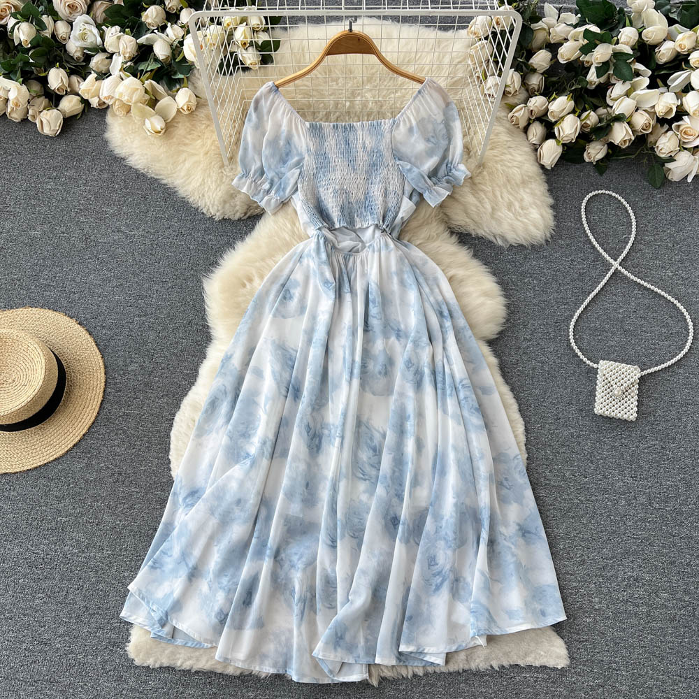 Aubree Puff Sleeve Shirred Open Back Dress