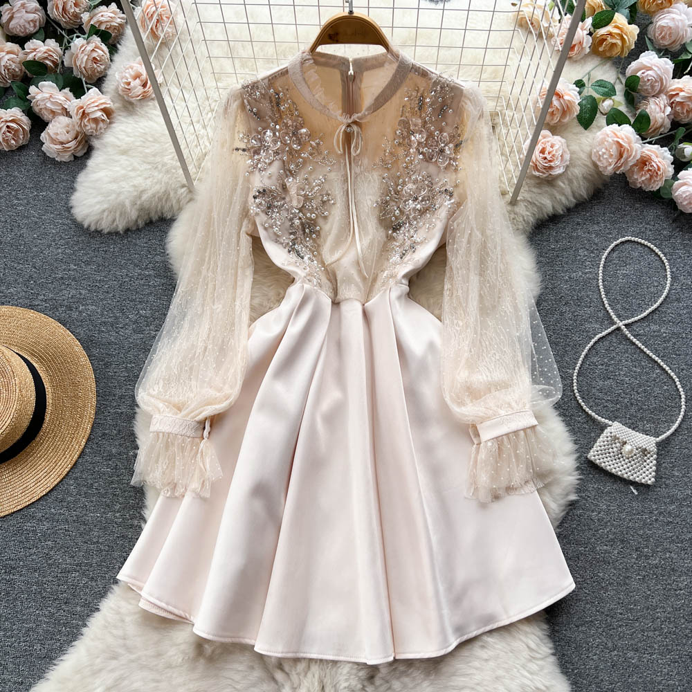 Ivory Bead Detail Mesh Dress