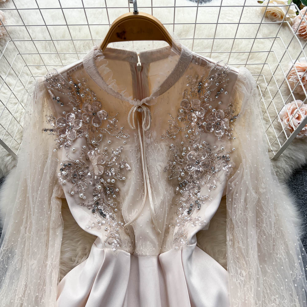 Ivory Bead Detail Mesh Dress