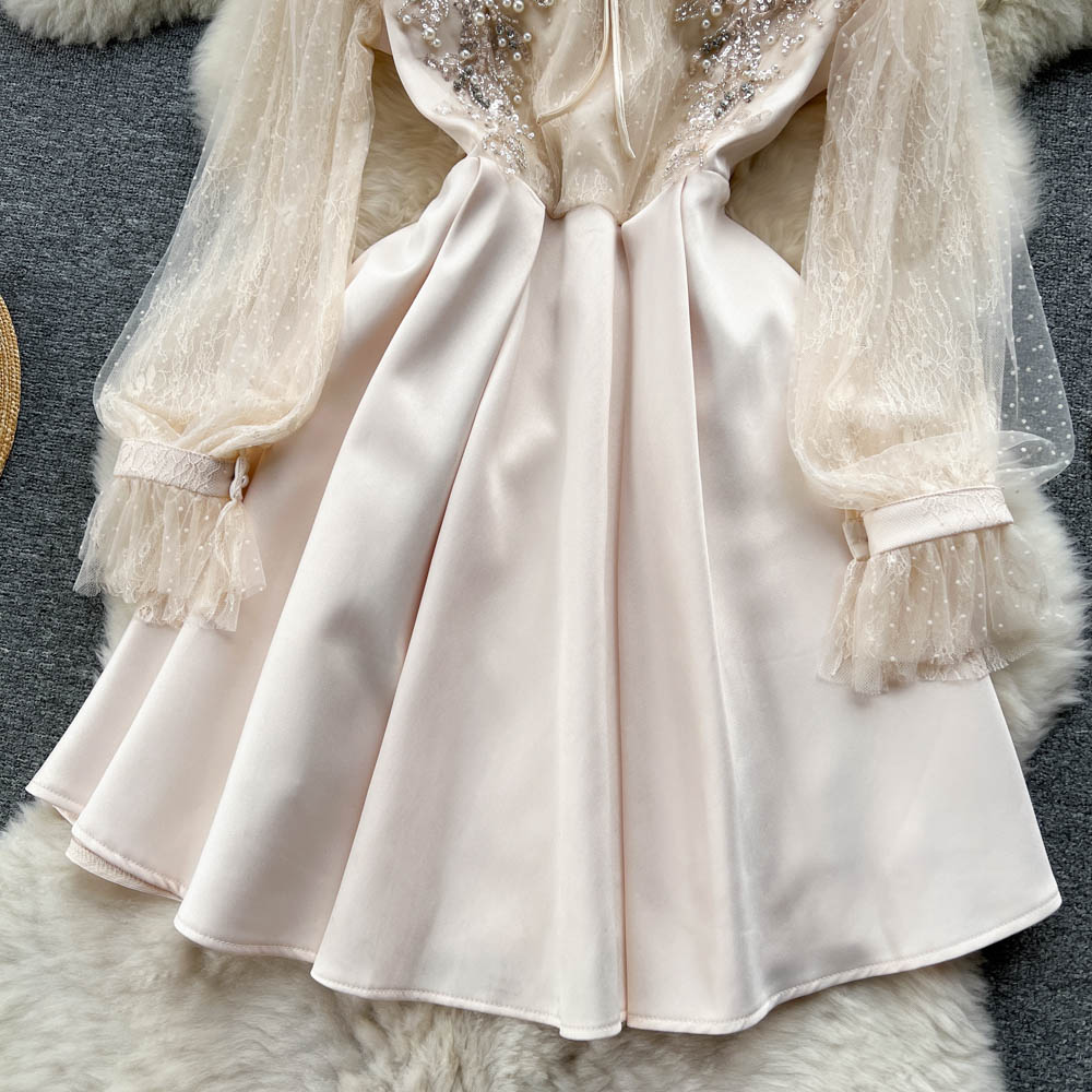 Ivory Bead Detail Mesh Dress