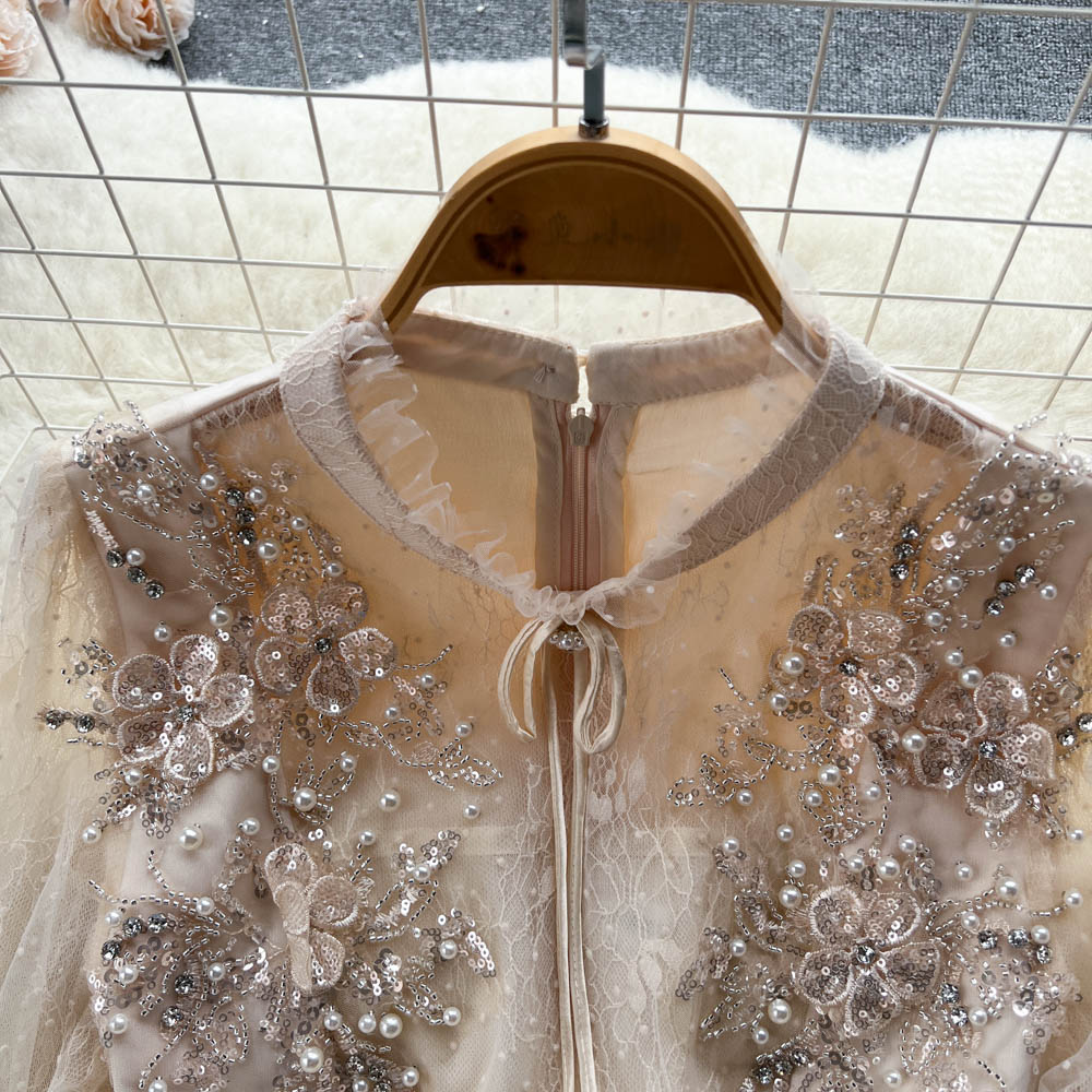 Ivory Bead Detail Mesh Dress