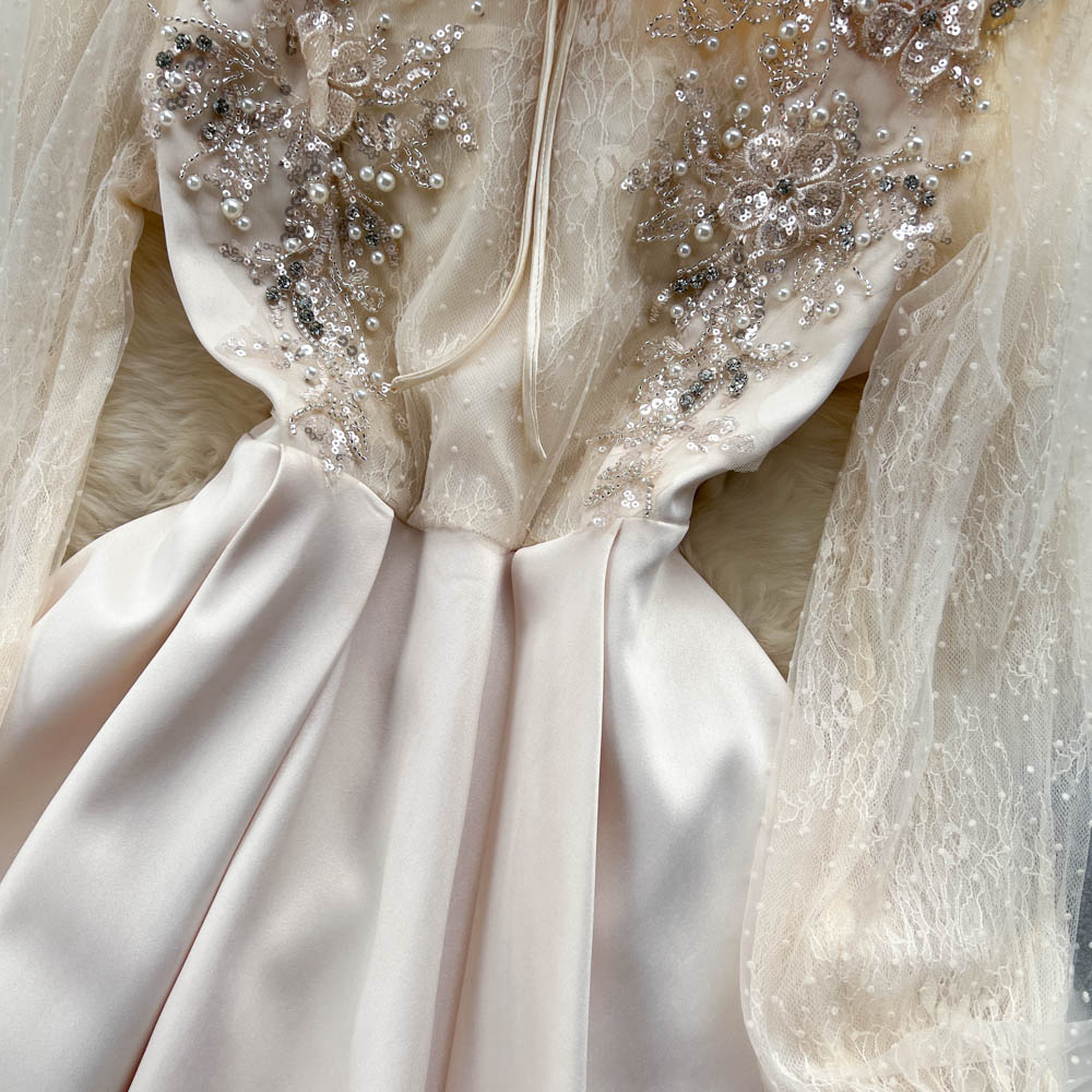 Ivory Bead Detail Mesh Dress