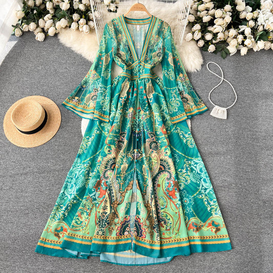 Emerald Trumpet Sleeve Maxi Dress